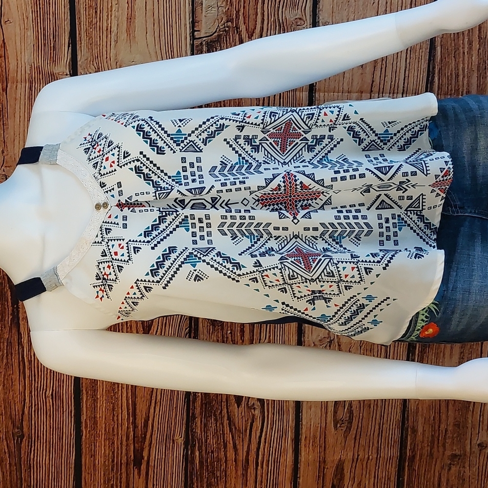 Rewind Navy Geometric Cross Sleeveless Tank XS Extra Small